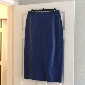 Blue leather skirt calf length.